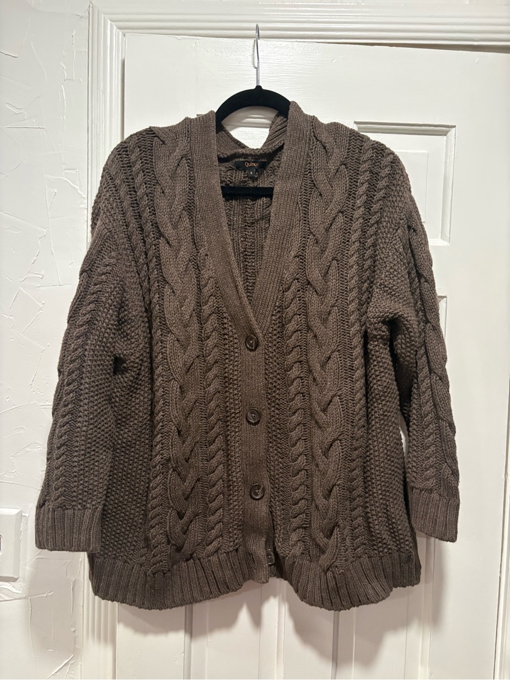 Oversized Chunky Cable Knit Cardigan Sweater - Quince- Brown
